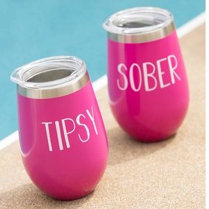 Double Wall Vacuum Wine Tumbler Gift Set of 2 Tipsy/Sober/Tipped/Drunk